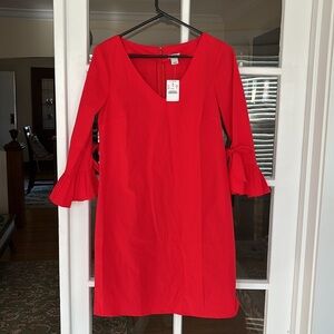 NWT J. Crew Factory Red Ruffle Tie-Sleeve Sheath Dress with Bell Sleeves V-Neck